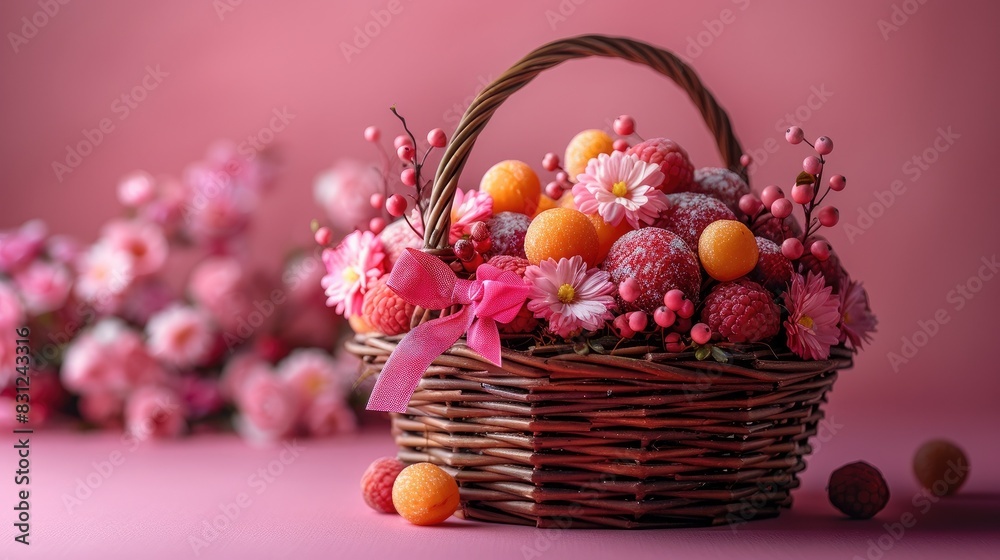 Beautiful wicker basket filled with pink and orange flowers and decorations against a soft pink background. Beautiful wicker basket filled with pink and orange flowers and decorations against a soft pink background.