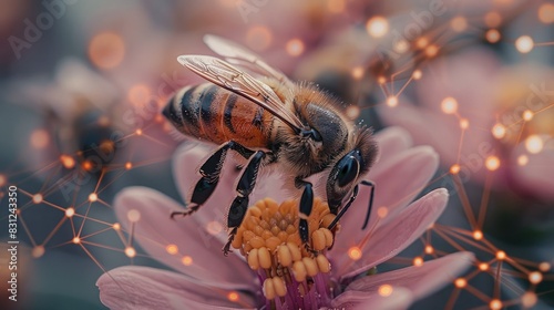 Close-up of a bee collecting nectar from a flower with a blurred background and abstract patterns, highlighting its intricate beauty.