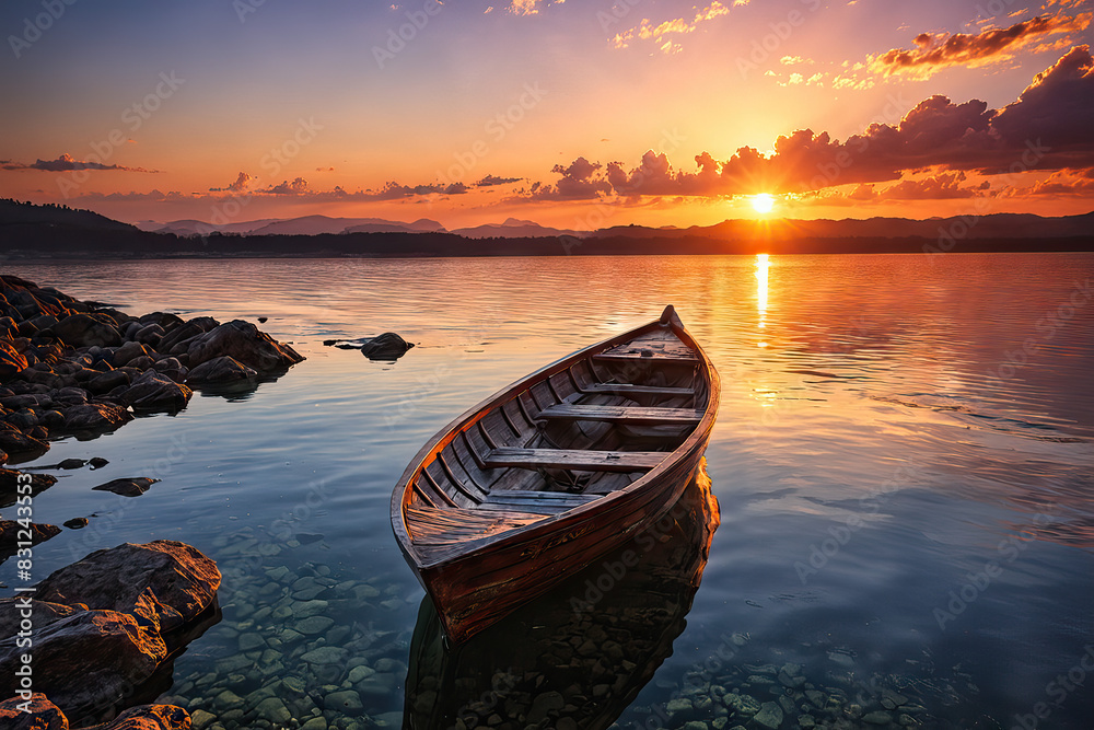 Beautiful landscape of a small boat under a brilliant sunset, Generative AI