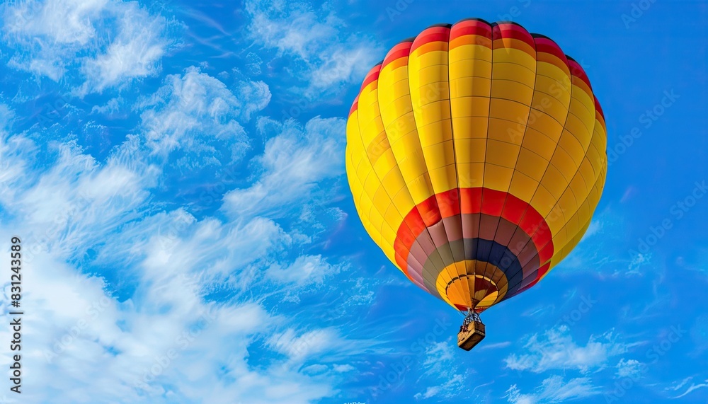 Obraz premium Colorful hot air balloon soaring in vibrant blue sky with white clouds, perfect for travel, adventure, and leisure themes.