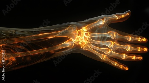 Glowing X-ray image of a human hand and arm bones, showcasing detailed anatomy and skeletal structure against a black background. photo