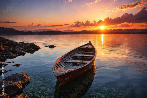 Beautiful landscape of a small boat under a brilliant sunset  Generative AI