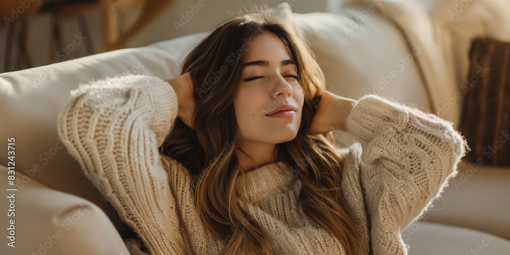 A woman in a cozy sweater relaxes on a couch with her hands behind her head, enjoying a moment of peace and tranquility in a sunlit living room. A woman in a cozy sweater relaxes on a couch with her hands behind her head, enjoying a moment of peace and tranquility in a sunlit living room.