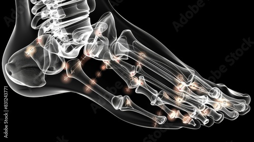 Transparent skeletal view of human foot highlighting bone structures and joints on a black background, emphasizing anatomy and medical details. photo