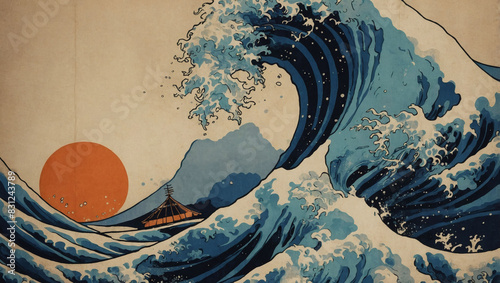 Contemporary Ukiyo-e inspired designs featuring Hokusai-style blue and orange waves on traditional Japanese paper textures.
