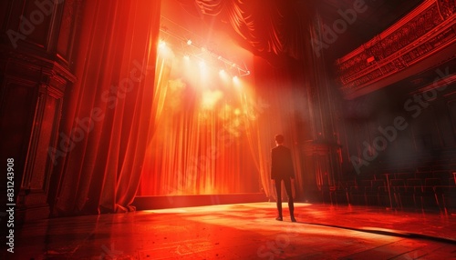 A person stands on a dimly lit theater stage with dramatic red lighting and curtains during a performance or rehearsal.