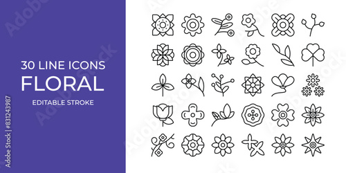 Floral icon set line vector design editable stroke. rose, flower, jasmine, and more