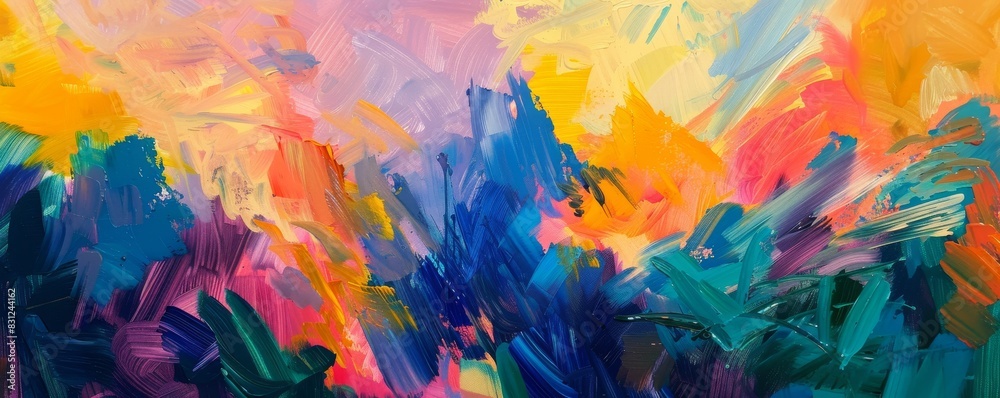 Colorful brushstrokes create a dynamic abstract backdrop in this acrylic paint artwork