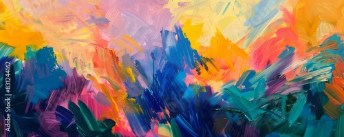 Colorful brushstrokes create a dynamic abstract backdrop in this acrylic paint artwork