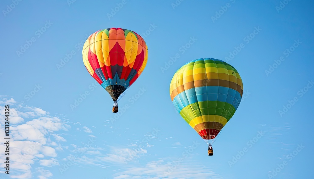 Fototapeta premium Two colorful hot air balloons floating in a clear blue sky, showcasing a serene and adventurous outdoor experience.