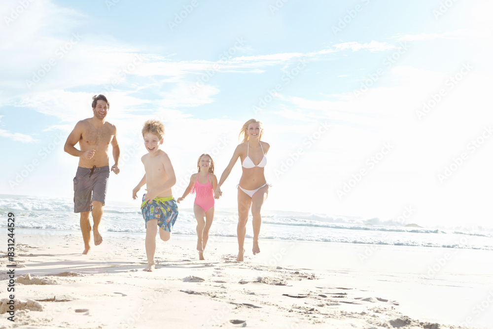 People, beach and running with holiday, family and happiness with weekend break, adventure and bonding together. Parents, mother or father with children, kids and seaside for joy, smile or travel People, beach and running with holiday, family and happiness with weekend break, adventure and bonding together. Parents, mother or father with children, kids and seaside for joy, smile or travel