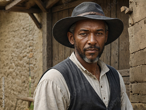 portrait of a person in medieval attire standing beside a cottage building