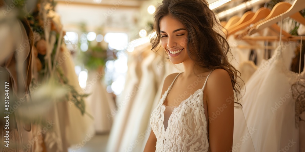 Naklejka premium A beaming bride in a detailed wedding dress, standing amidst a bridal store, highlighting the joy and anticipation associated with wedding preparations and choosing the perfect dress.
