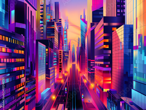 Dreamlike Cityscape with Gravity-Defying Buildings and Glowing Halogen Lights photo