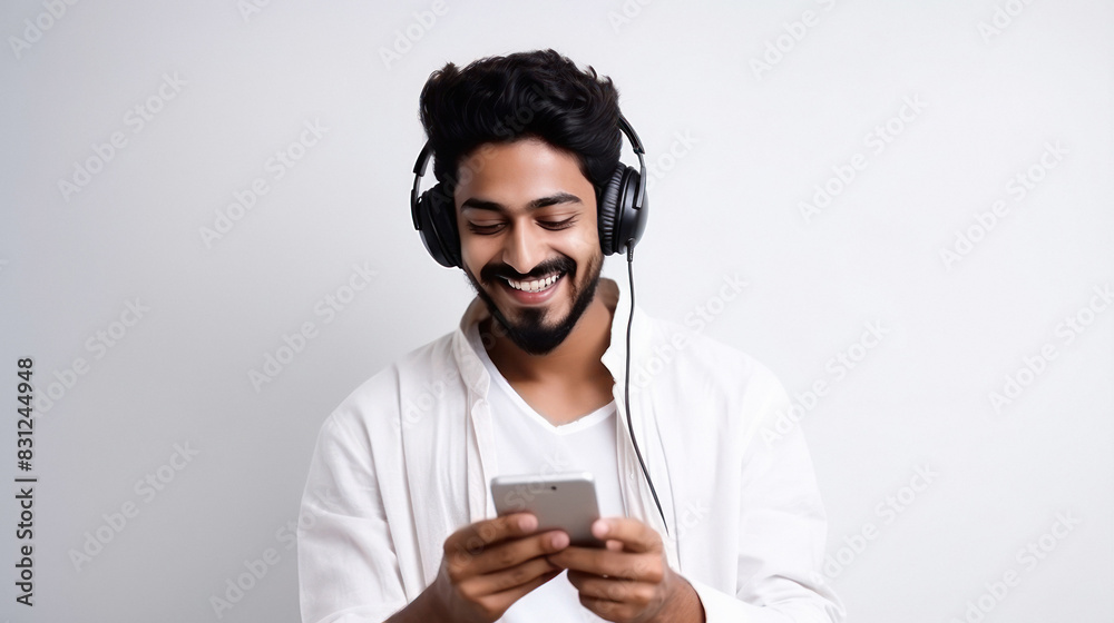 Young man using smartphone and headphone on white background Young man using smartphone and headphone on white background