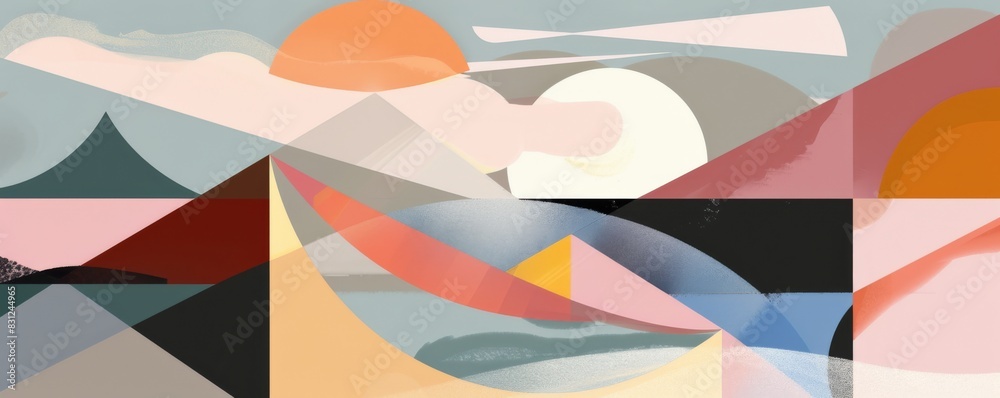 Obraz premium Artistic panorama of a stylized geometric landscape with warm and cool tones