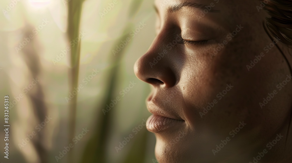Yoga practitioner in a lotus pose, close-up on serene face, soft natural lighting, calming setting. - Yoga practitioner in a lotus pose, close-up on serene face, soft natural lighting, calming setting. -