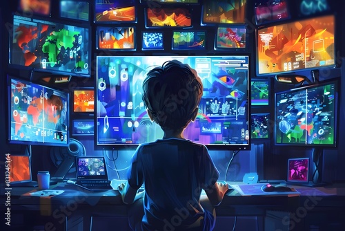 A computer monitor with a multitude of screens is the subject of the boy's fascination.