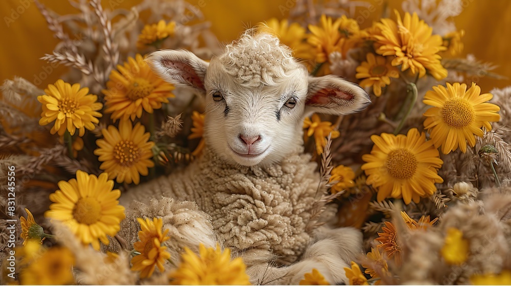Cute sitting baby goat sheep background banner panorama spring easter. eid mubarak Cute sitting baby goat sheep background banner panorama spring easter. eid mubarak