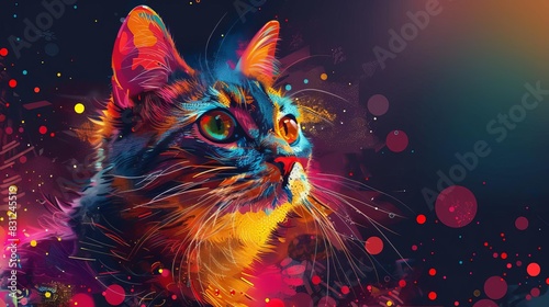 Stylish Manx Cat artwork, vibrant pop art, colorful geometric patterns copy space, futuristic, multilayer, modern interior backdrop