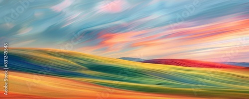 Vibrant brush strokes create an abstract impressionist landscape of rolling hills under a dynamic sky