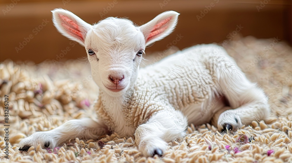 Cute sitting baby goat sheep background banner panorama spring easter. eid mubarak Cute sitting baby goat sheep background banner panorama spring easter. eid mubarak