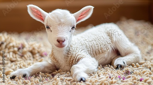 Cute sitting baby goat sheep background banner panorama spring easter. eid mubarak  