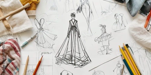 A collection of fashion design sketches lies scattered on a bright white workspace, along with pencils, pens, and various fabric samples, ready for creation.