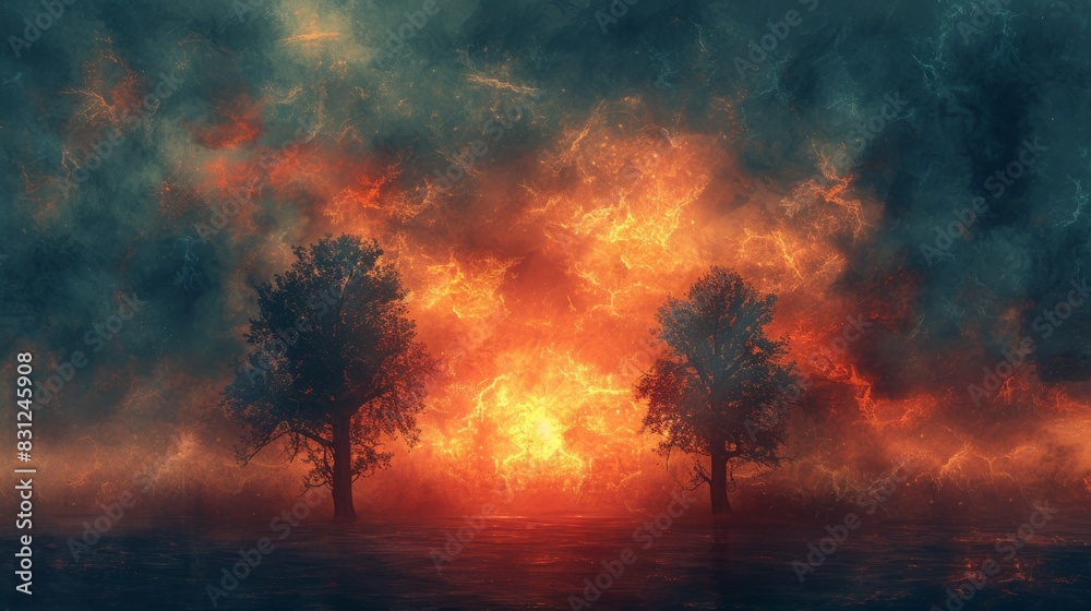 Artistic rendering of a surreal forest engulfed in vibrant flames Artistic rendering of a surreal forest engulfed in vibrant flames