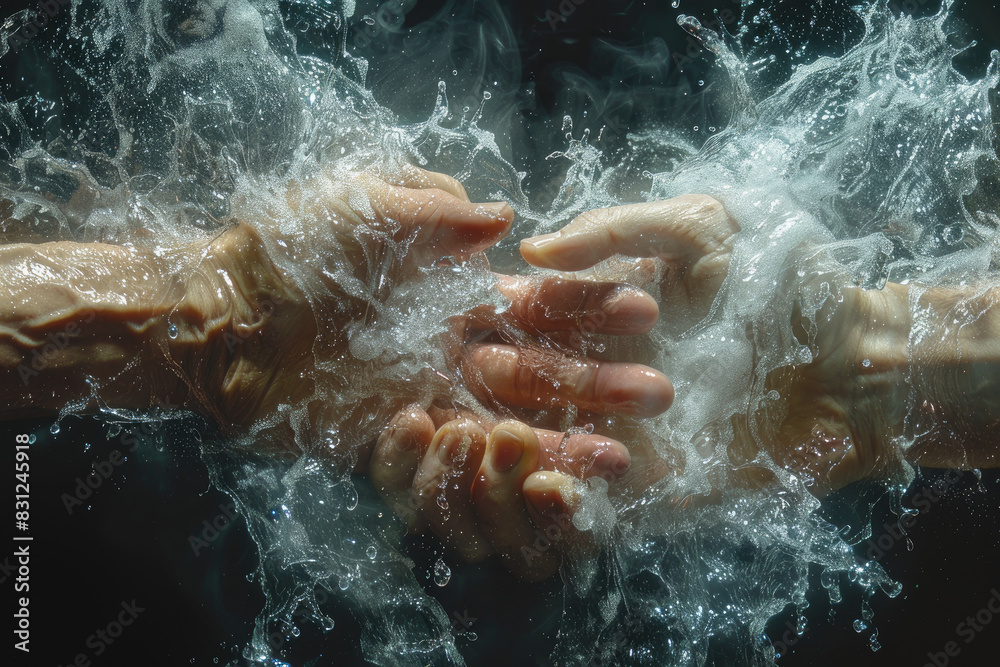 A cinematic shot of two hands reaching out to each other, with water swirling around them. Created with Ai