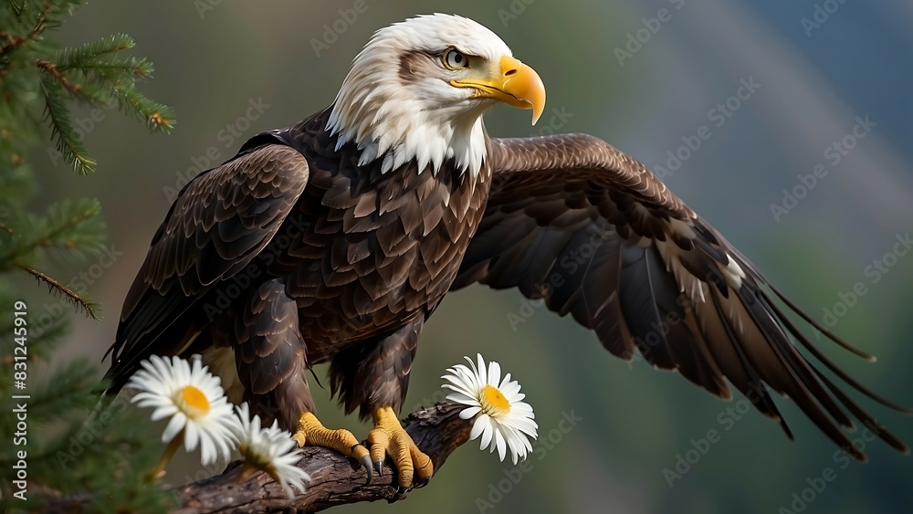 Eagle perched on a branch with daisies Eagle perched on a branch with daisies