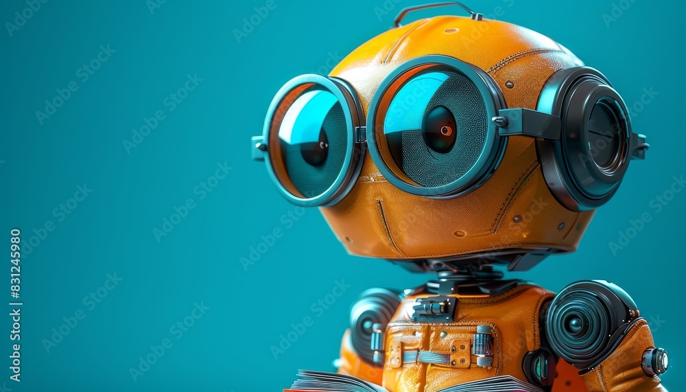 A robot with orange eyes and glasses is standing on a blue background by AI generated image A robot with orange eyes and glasses is standing on a blue background by AI generated image
