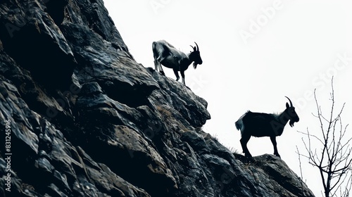 Two mountain goats scaling a steep rocky cliff, demonstrating their climbing prowess and adaptability in a rugged natural environment. © Sodapeaw