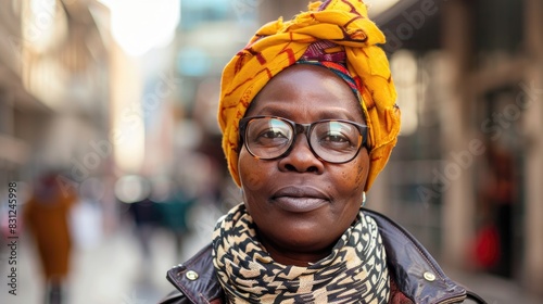 A woman with glasses wearing a yellow turban photo