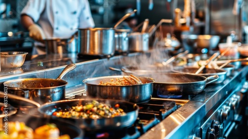 Professional kitchen with multiple pots and pans on the stovetop, busy with various dishes being cooked, highlighting the hustle and bustle of restaurant cooking