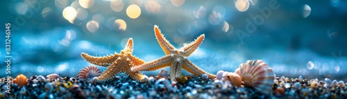 Two starfish on a pebbled beach with shells under a beautifully lit sky  creating a serene and vibrant marine scenery.