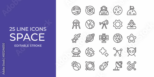 Space icon set line vector design editable stroke. rocket, meteor, star, and more