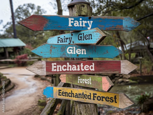 A sign with a bunch of arrows pointing to different places. The sign is colorful and has the words  enchanted forest  written on it