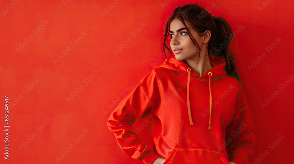 Female fitness model in a red hoodie standing confidently, isolated on a bright red background Female fitness model in a red hoodie standing confidently, isolated on a bright red background
