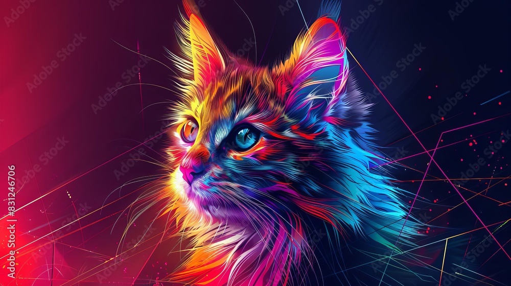 Stylish Norwegian Forest Cat artwork, vibrant pop art, colorful geometric patterns copy space, futuristic, multilayer, modern interior backdrop Stylish Norwegian Forest Cat artwork, vibrant pop art, colorful geometric patterns copy space, futuristic, multilayer, modern interior backdrop