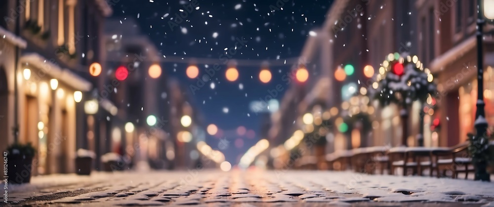 A brick street with snow falling and blurred lights in the background.