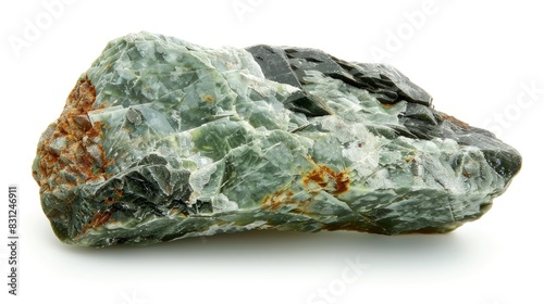 Natural mineral stone macro photography Green nepheline with brown biotite in Schist nepheline syenite on plain white background photo