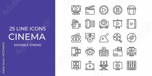 Cinema icon set vector design editable stroke. popcorn, movies, play, and more