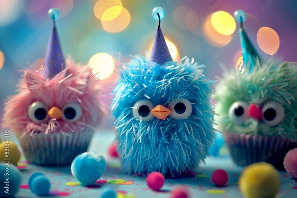 Obraz premium Three adorable, fluffy characters in party hats amidst a whimsical celebration