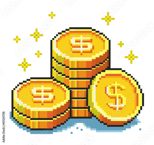 Pixel dollar coins, 8-bit video game style, pixel art vector illustration