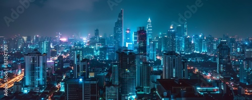 A stunning skyline of a modern city illuminated by vibrant blue lights at night, showcasing towering skyscrapers and urban architecture. photo