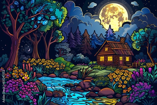 a cartoon of a house and a river in the woods