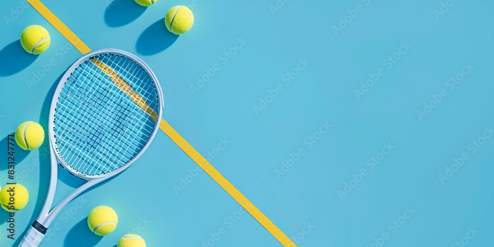 Tennis racket with balls on blue surface