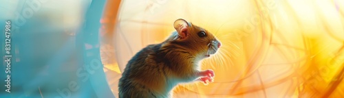Close-up of a hamster in a colorful, warm-lit environment. Ideal for pet care or animal photography concepts. photo