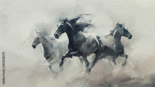 Artistic rendering of three horses galloping in a dynamic  monochrome brushstroke style